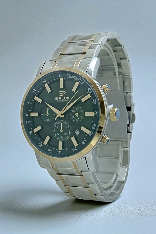 ساعت مچی مردانه الگانس با بند فلزی دورنگ طلایی و صفحه سبز جذاب