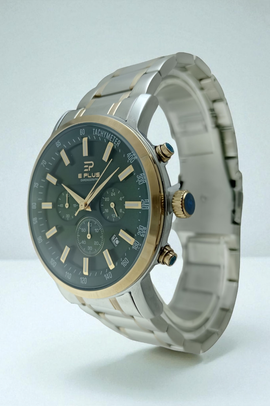 ساعت اسپرت مردانه برند E Plus مدل سه موتوره بند فلزی دو رنگ، صفحه سبز و گارانتی یکساله