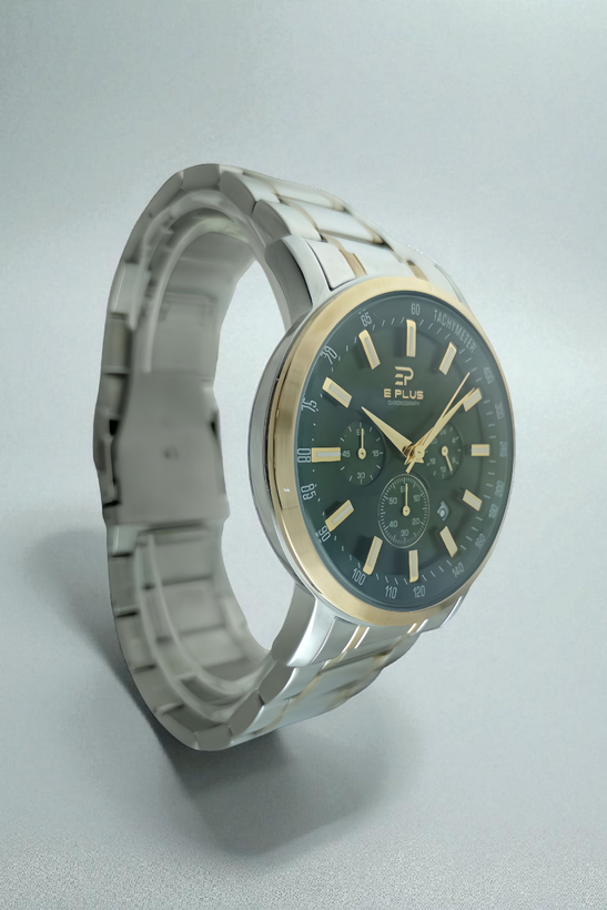 ساعت عقربهای مردانه الگانس پلاس با طراحی لوکس، بند استیل دو رنگ طلایی نقرهای و صفحه سبز