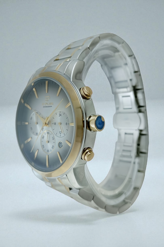 ساعت مردانه اسپرت E Plus با بند استیل طلایی نقرهای و صفحه دو رنگ دودی طوسی