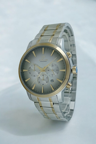 ساعت عقربهای مردانه ای پلاس بند فلزی دو رنگ با گارانتی یکساله