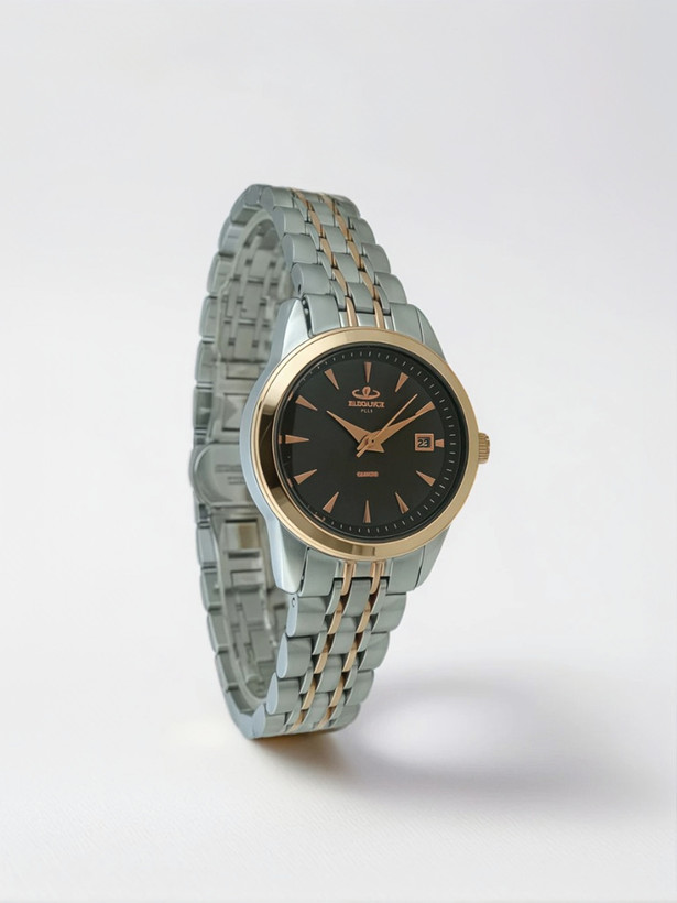 ساعت زنانه الگانس پلاس استیل دو رنگ رزگلد صفحه مشکی تاریخ دار