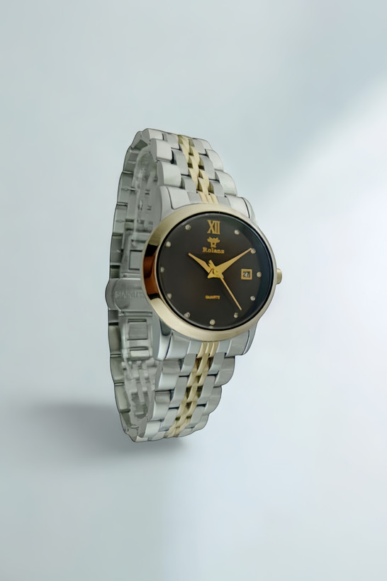 ساعت مچی زنانه رولنز بند فلزی دو رنگ طلایی صفحه مشکی اقتصادی و شیک