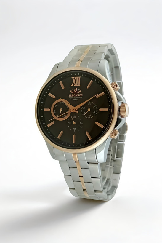 ساعت الگانس مدل فول تایم مردانه با ترکیب رنگ محبوب رزگلد و استیل با صفحه تیره، طراحی شیک و رسمی