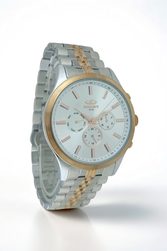 ساعت مچی مردانه الگانس سه موتوره فول تایم بند استیل دو رنگ رزگلد با صفحه سیلور روشن