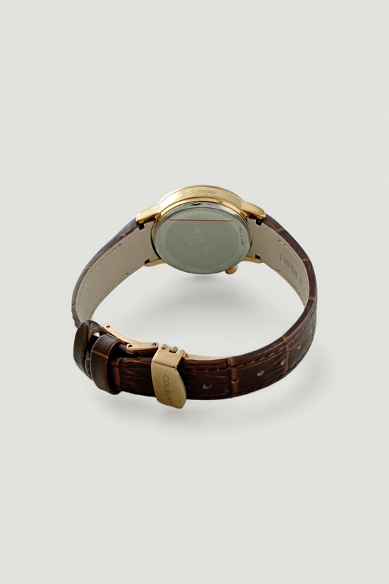 ساعت مجلسی زنانه بند چرم قهوهای و قاب رزگلد نگین دار