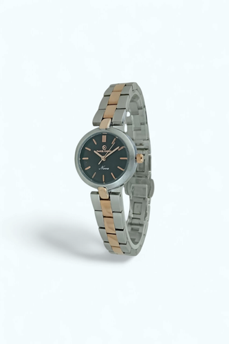 ساعت زنانه دنیل سزار بند فلزی دو رنگ استیل رز و صفحه مشکی با طراحی ظریف