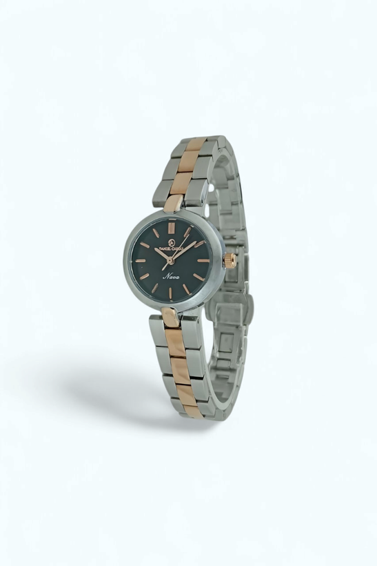 ساعت زنانه دنیل سزار بند فلزی دو رنگ استیل رز و صفحه مشکی با طراحی ظریف