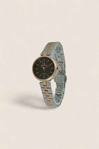 ساعت زنانه دنیل سزار با طراحی فانتزی خیلی ظریف و بند فلزی ترکیبی دو رنگ استیل رزگلد و صفحه مشکی