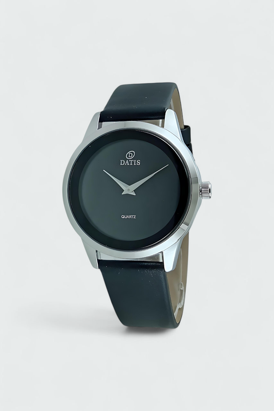 ساعت مچی مردانه datis با بند چرم مشکی و صفحه مهندسی مشکی