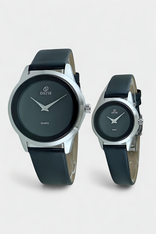 ساعت مچی ست زنانه و مردانه داتیس کلاسیک با بند چرمی مشکی و قاب سیلور | موتور ژاپن | طراحی ساده و مدرن از Rosetime.ir