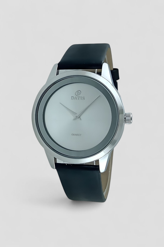 ساعت مچی مردانه datis با بند چرم مشکی و صفحه سیلور با قفل پروانه ای