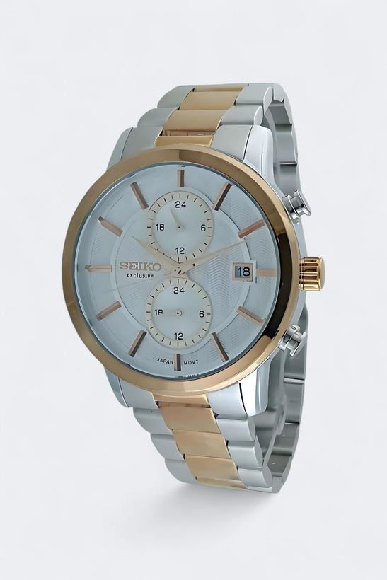 خرید ساعت مچی مردانه سیکو سه موتوره فعال بند استیل دو رنگ رزگلد با صفحه سفید | ضمانت یکساله | Rosetime.ir