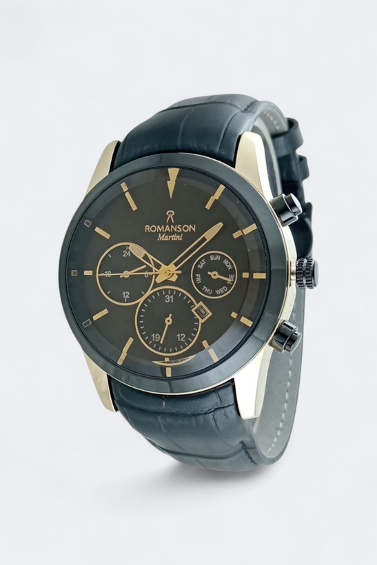 ساعت مردانه بند چرم رومانسون ،طرح اسپرت سه موتوره با رنگ قاب طلایی و بند مشکی