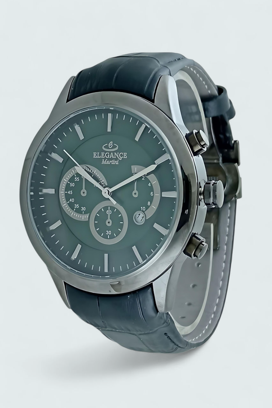 ساعت مردانه الگانس طرح سه موتوره با بند چرم مشکی و قاب رنگ دودی با صفحه سبز