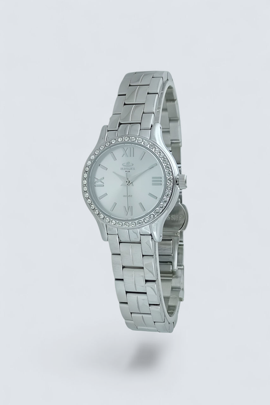 ساعت نگین دار زنانه الگانس با بند فلزی رنگ استیل و صفحه سیلور