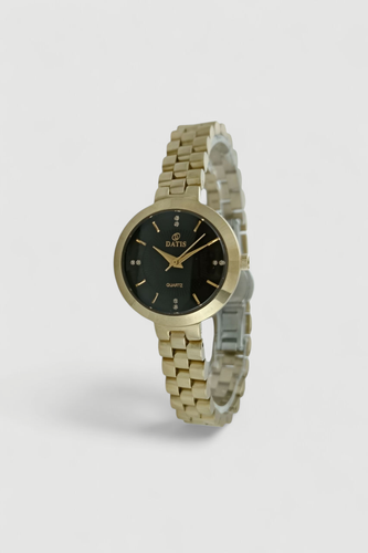 ساعت مچی زنانه Datis با بند ظریف طلایی رنگ و رنگ صفحه مشکی با طراحی خاص