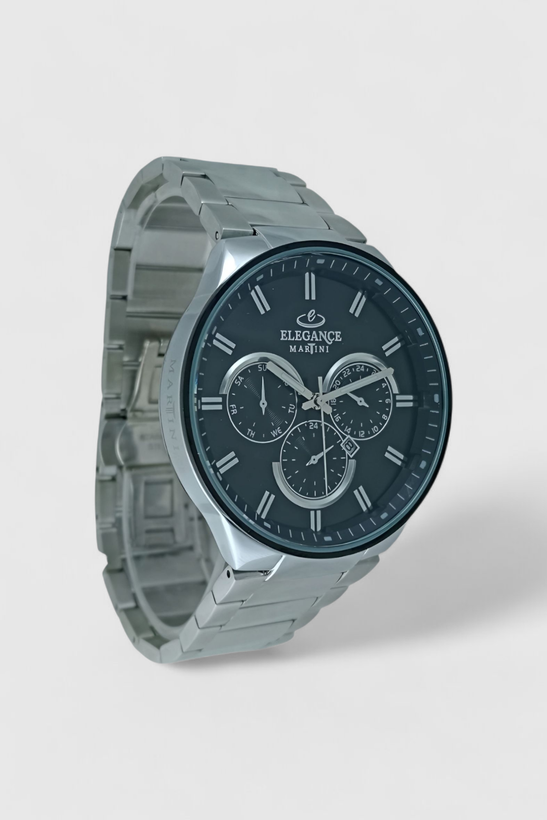 ساعت مردانه الگانس با بند استیل و صفحه بزرگ مشکی با موتور ژاپن و ضد آب.