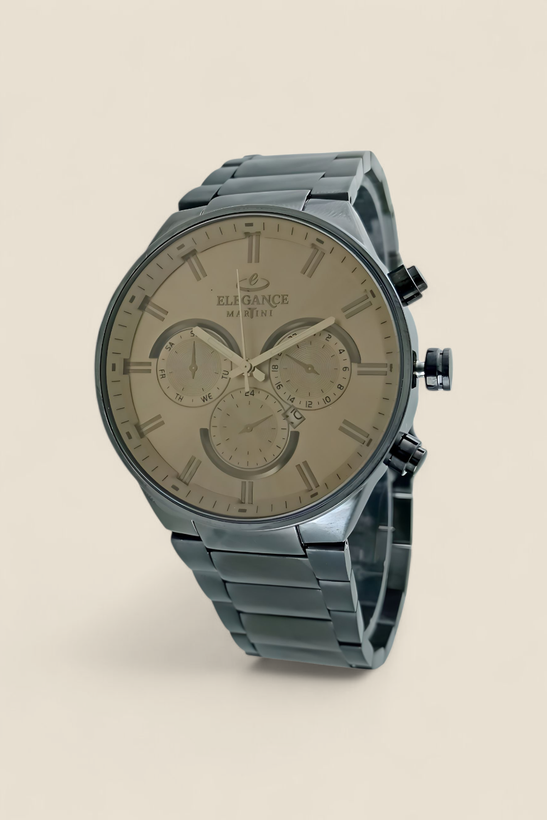 ساعت مچی الگانس مدل سه موتوره با بند فلزی مشکی و صفحه رنگ نسکافه ای