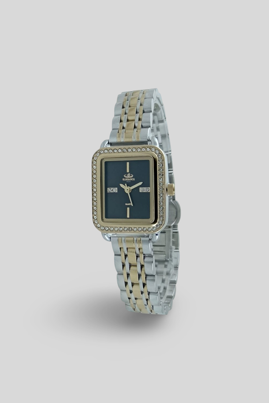 ساعت زنانه الگانس با بند فلزی دو رنگ استیل طلایی و قاب چهارگوش نگین دار با صفحه مشکی