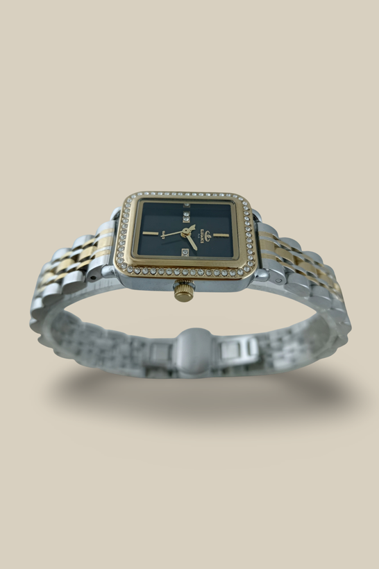 ساعت الگانس زنانه با بند فلزی و قاب مستطیل نگین دار و صفحه تیره