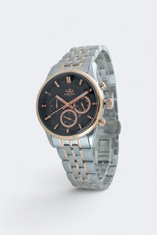 ساعت مچی اسپرت زنانه الگانس سه موتور نمایشی با بند فلزی دو رنگ استیل رزگلد و رنگ صفحه تیره