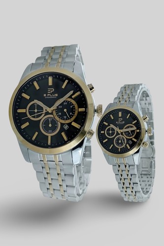 ست ساعت مچی زنانه و مردانه الگانس با بند فلزی دو رنگ طلایی و صفحه مشکی