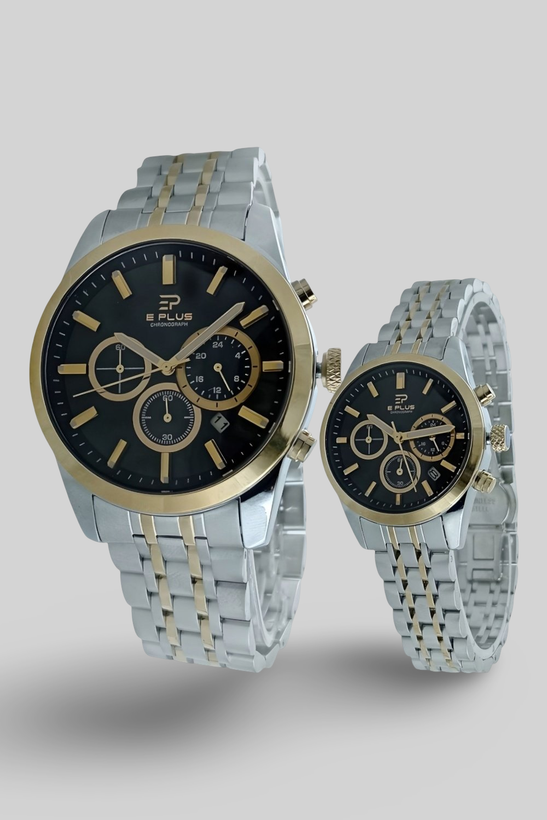 ست ساعت مچی زنانه و مردانه الگانس با بند فلزی دو رنگ طلایی و صفحه مشکی