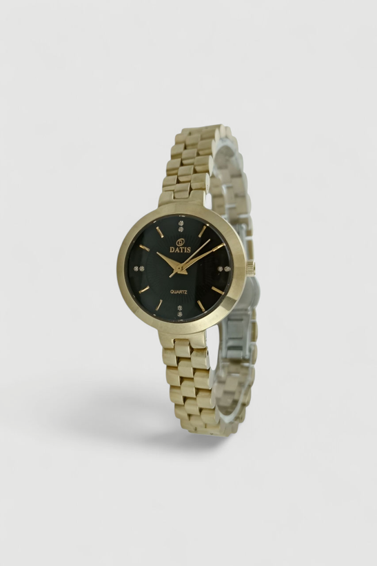 ساعت داتیس زنانه با بدنه طلایی رنگ و صفحه مشکی. خرید از rosetime.ir