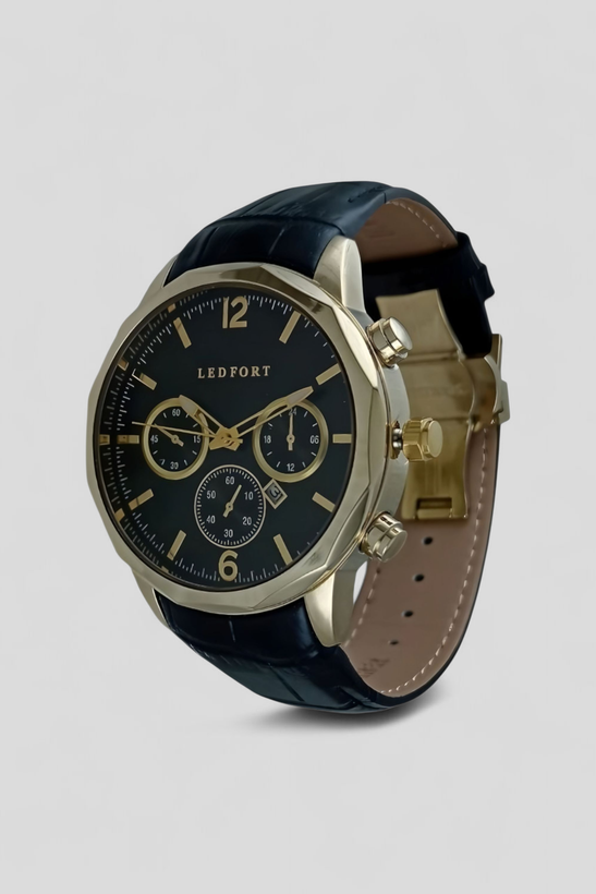 ساعت مچی مردانه لدفورت با بند چرم مشکی و قاب طلایی و موتور ژاپن،ضد آب