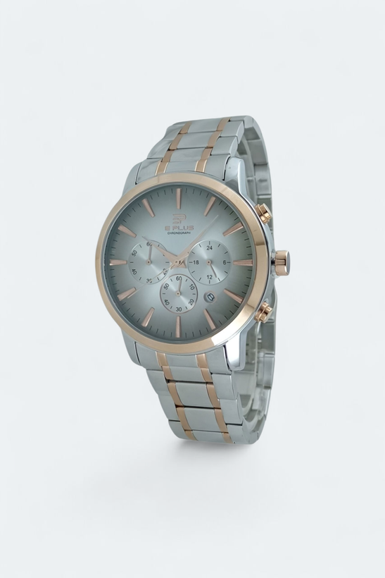 ساعت مچی الگانس مردانه اسپرت با بند فلزی دو رنگ استیل رزگلد و صفحه دو رنگ