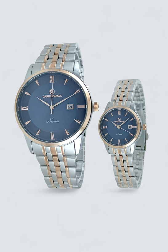 ساعت مچی ست زنانه و مردانه دنیل سزار با بند فلزی رنگ استیل رزگلد و صفحه سرمه ای