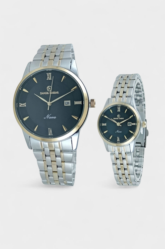 ساعت مچی ست زنانه و مردانه دنیل سزار با بند فلزی دو رنگ استیل طلایی و صفحه مشکی