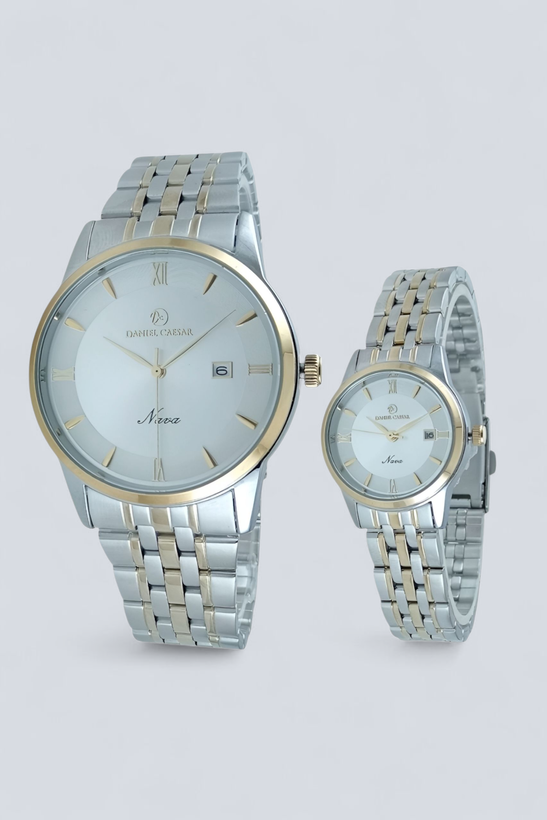 ساعت مچی ست زنانه و مردانه دنیل سزار با بند فلزی دو رنگ استیل طلایی با صفحه روشن