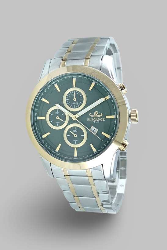 ساعت مچی مردانه الگانس پلاس با بند فلزی دو رنگ استیل طلایی و صفحه سبز