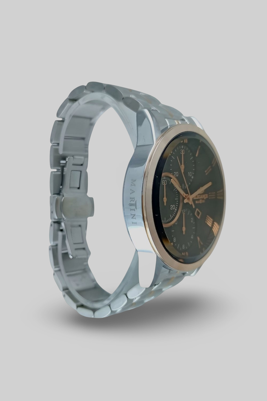 ساعت مچی مردانه الگانس مدل سه موتوره با بند فلزی رنگ استیل رزگلد و صفحه مشکی و شیشه لبه دار