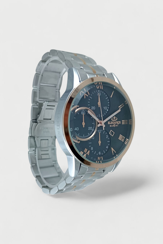 ساعت مچی الگانس اسپرت مدل سه زمانه با بند دو رنگ استیل رزگلد و صفحه سرمه ای خاص