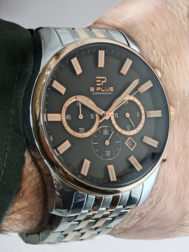 ساعت مچی سه موتوره کورنوگراف الگانس با بند فلزی دورنگ و صفحه مشکی