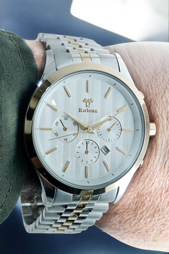 ساعت اسپرت طرح کورنو مردانه رولنز با بند فلزی دو رنگ استیل طلایی و صفحه روشن