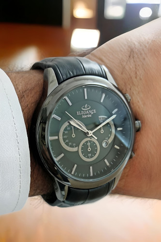 ساعت مردانه اسپرت بند چرم با بند مشکی و صفحه سبز