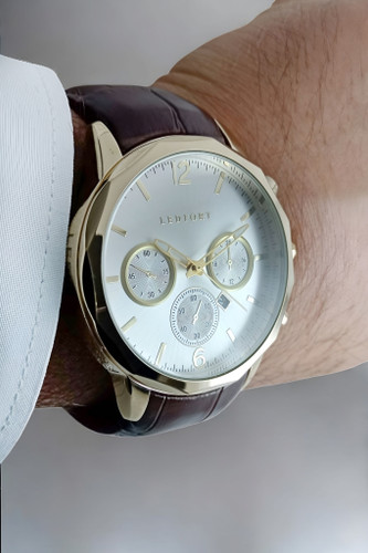 ساعت مچی مردانه لدفورت با بند چرم قهوه ای و قاب رنگ طلایی