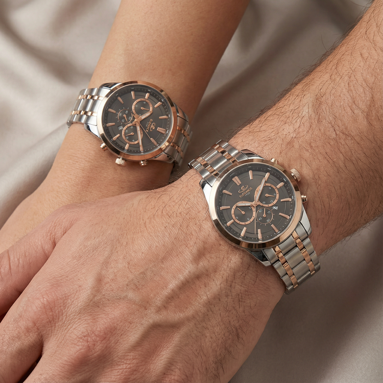 ست ساعت بند فلزی الگانس طرح کورنو با بند فلزی دو رنگ استیل رزگلد و صفحه مشکی