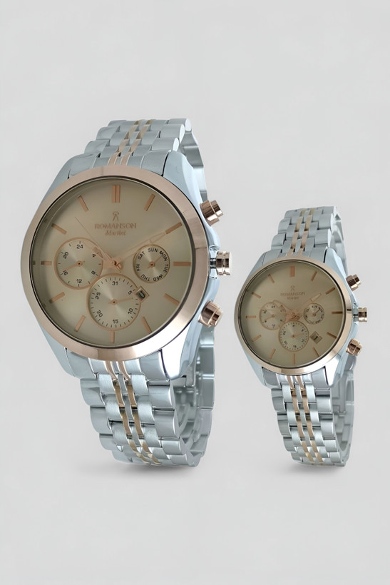 ساعت مچی ست زنانه و مردانه رومانسون طرح کورنو با بند استیل و موتور تاریخ دار ژاپن و ضد آب
