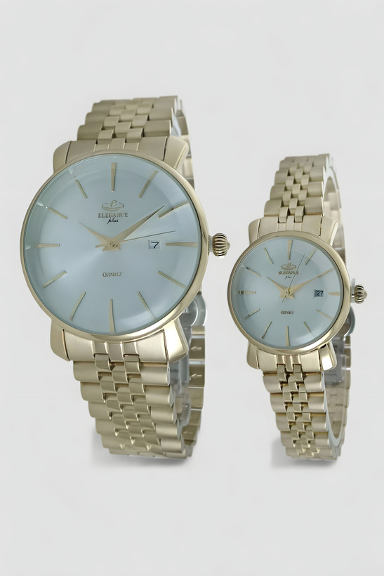 ست ساعت زنانه و مردانه الگانس پلاس با بند فلزی طلایی رنگ و صفحه روشن با کیفیت بالا