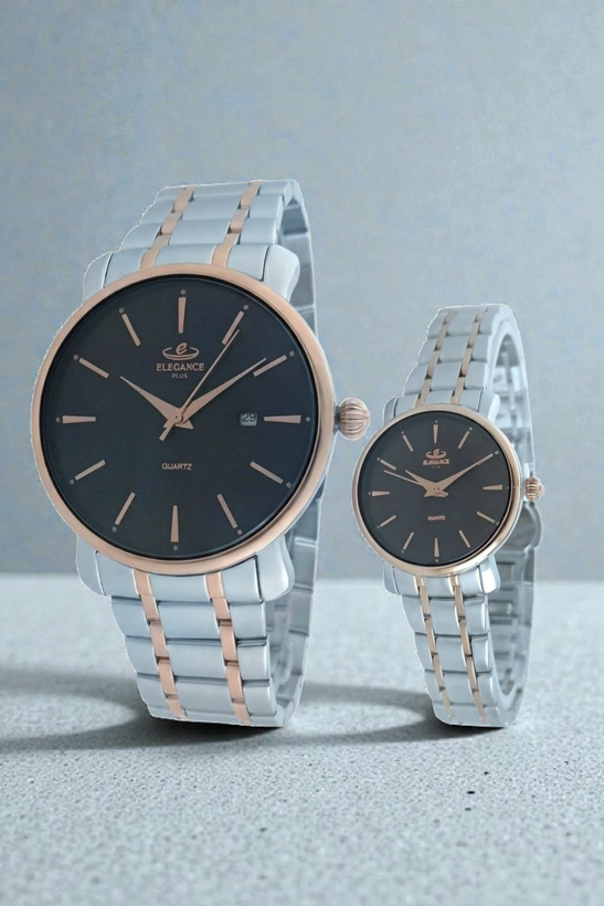 ست ساعت الگانس پلاس با بند فلزی استیل و موتور ژاپن.مناسب هدیه و انتخاب عروس و داماد.