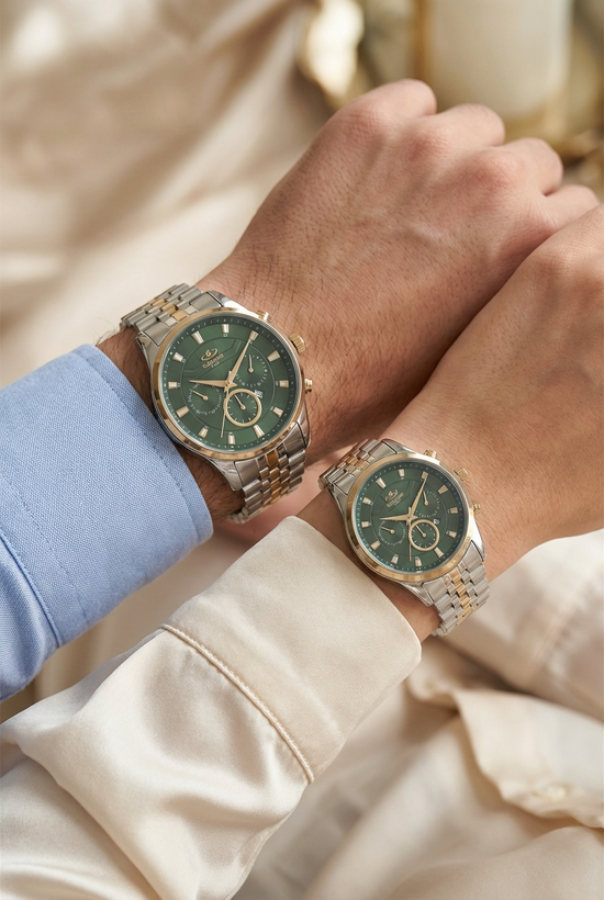 ست ساعت مچی الگانس با بند فلزی دو رنگ استیل طلایی و صفحه سبز جذاب