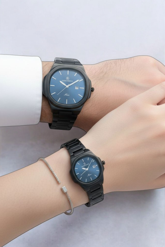 ست ساعت مچی زنانه و مردانه بند فلزی دنیل سزار با بدنه مشکی و صفحه سرمه ای