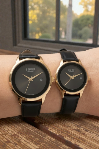 ست ساعت زنانه و مردانه اسپریت با بند چرم مشکی و قاب رنگ طلایی
