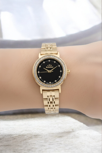 ساعت مچی زنانه الگانس با بند فلزی طلایی و صفحه مشکی طرح دار