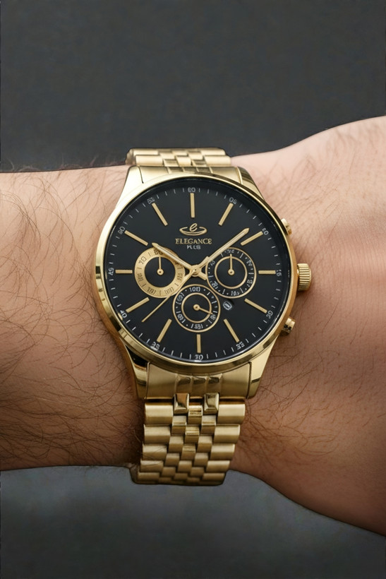 ساعت مچی مردانه الگانس پلاس با بند فلزی طلایی رولکسی و صفحه مشکی، طراحی سه موتوره طرح کورنو، موتور ژاپنی تاریخدار، مناسب استفاده روزمره و هدیه، همراه با گارانتی